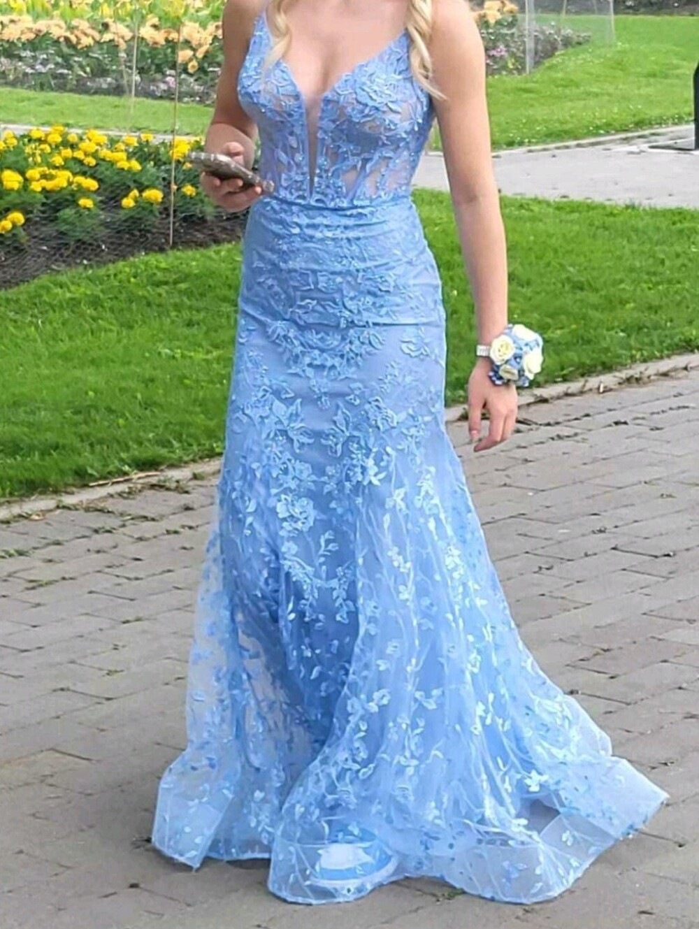 ellie wilde Sky Blue Lace Prom Gown with Sheer Bodice
